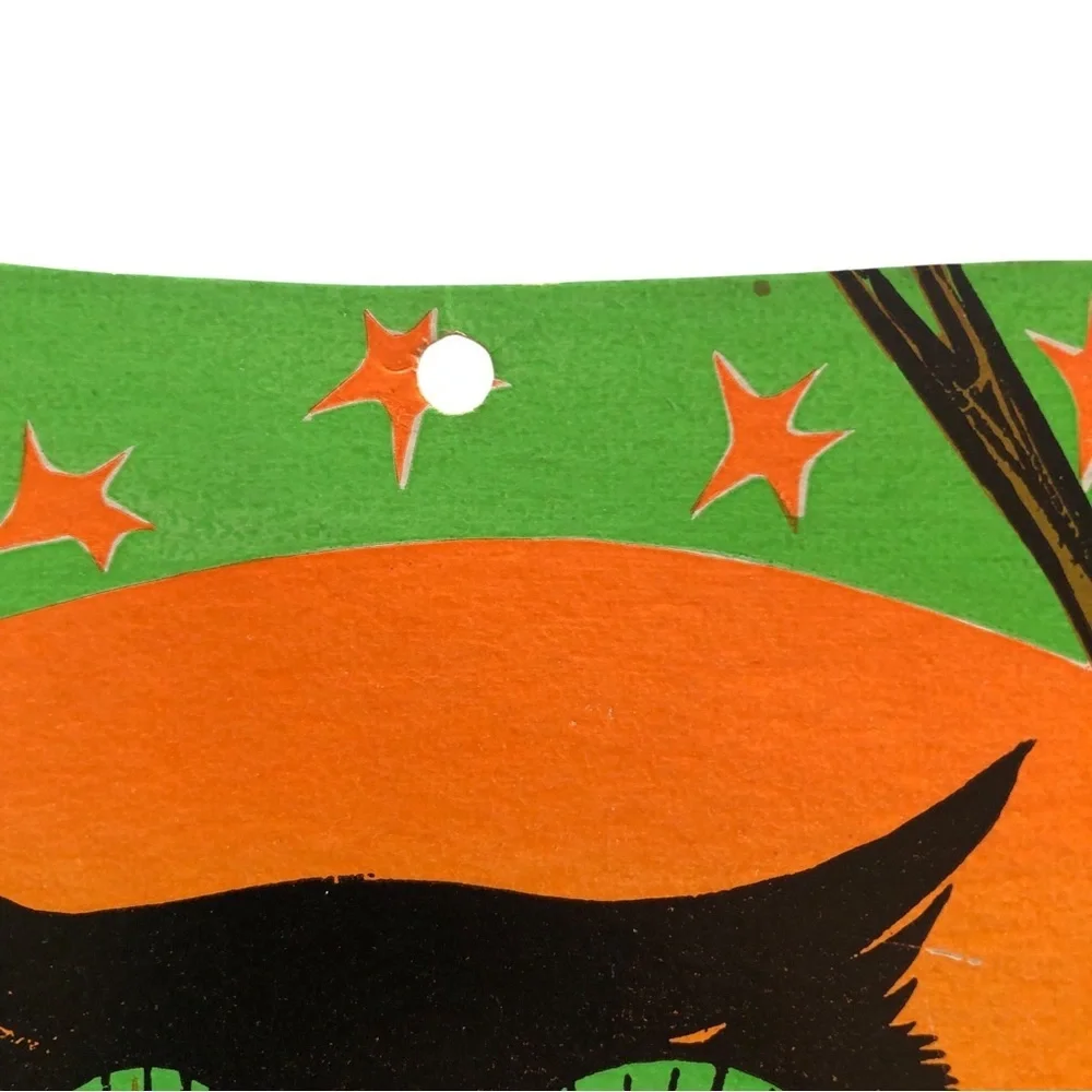 VINTAGE 70s Beistle Halloween Fluorescent Owl with Moon Die Cut Wall Decor Bats